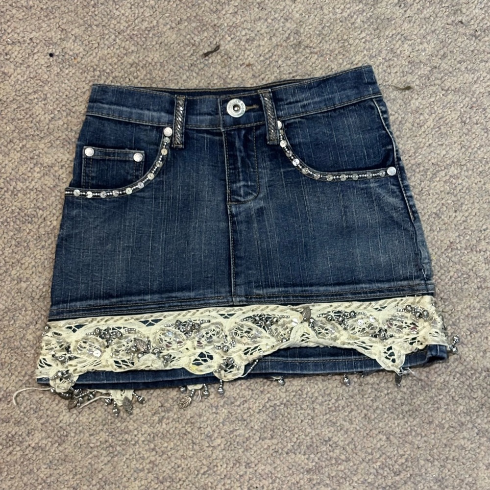 Denim Mini Skirt with Lace Trim